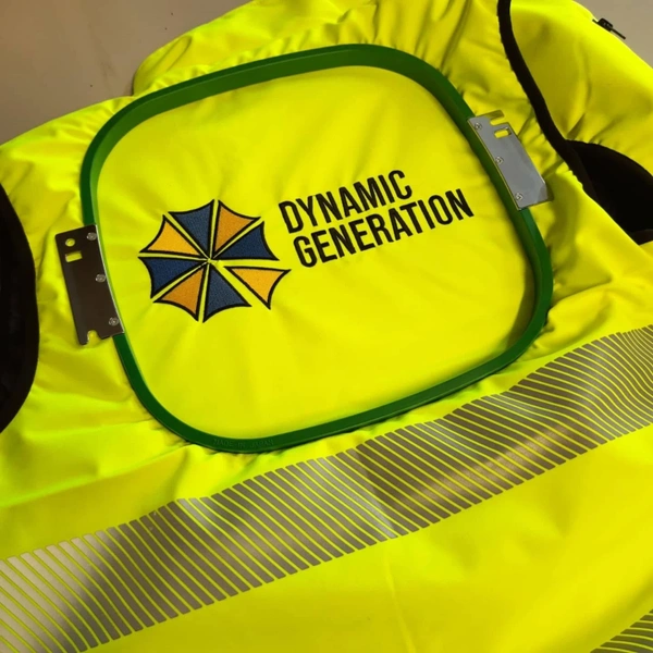 Yellow Hi-Vis Gilet with multi-colour large embroidery, Dynamic Generation logo to rear