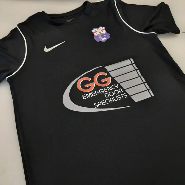 Personalised football shirt with printed team sponsor and club badge