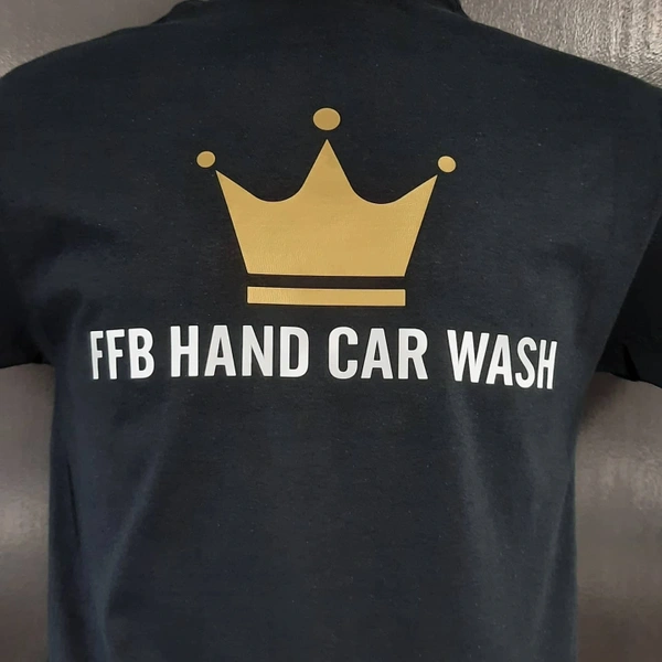  T-Shirt Printing, Gold and white Garment Heat Transfer Vinyl applied to Back of Black Gildan Tshirt for FFB Hand Car Wash
